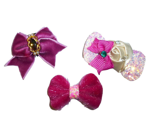 Dog Bow Barrettes pink velvet 3pcs pet hair grooming bows (FB396g)