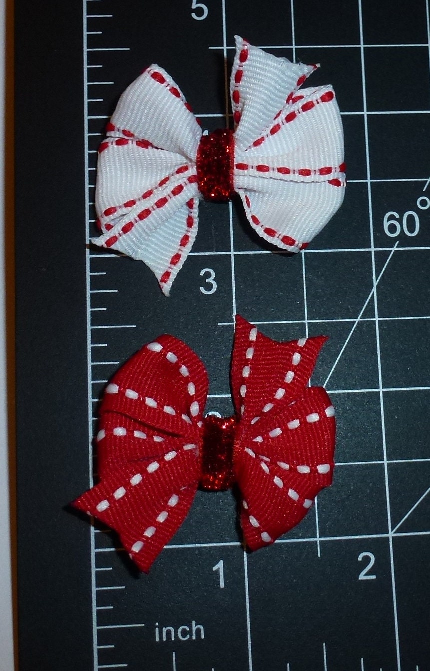 Dog Bow Barrettes red white saddle stripe 2pcs pet hair grooming bows (FB396f)