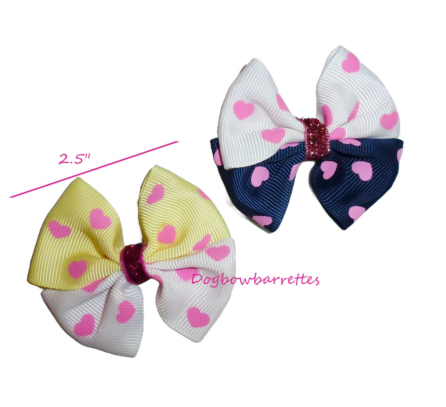 Puppy Dog Bows ~ 2 Pink yellow navy hearts pet hair bow bands or  barrette clip  (fb398B)