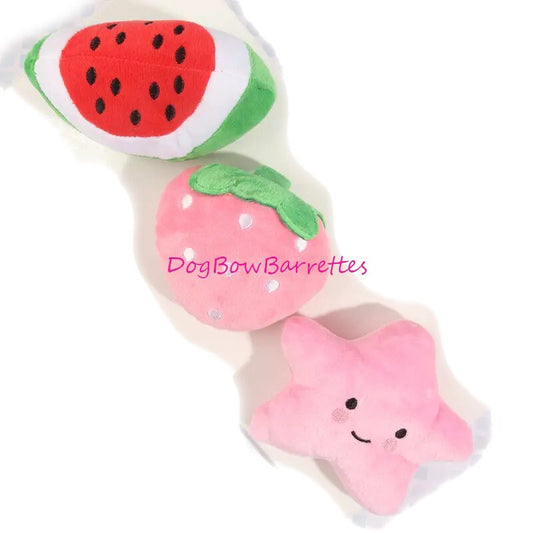 DogBowBarrettes 4" pink strawberry or watermelon plush dog party favor decor stuffed squeaky Photo prop dog toy  (to13)