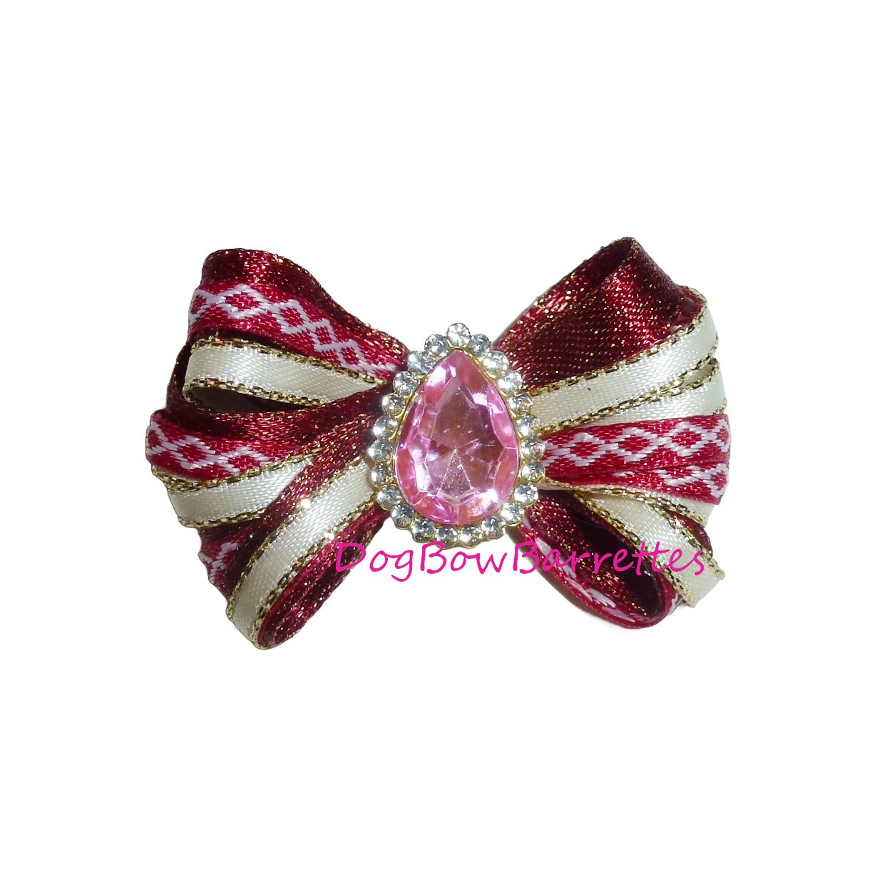 Puppy Dog Bows ~ Burgundy ivory dots wild loop rose pet hair bow  barrettes  (fb182G)