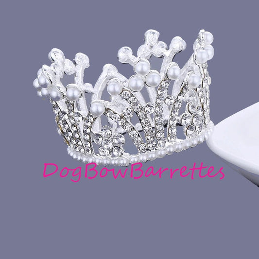 Puppy Bows ~ STUNNING pearl 3D crystal flowers silver full round tiara for dogs pet hair crown beauty pageant style barrette (fbg6)