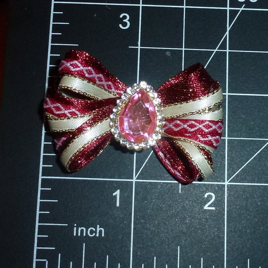 Puppy Dog Bows ~ Burgundy ivory dots wild loop rose pet hair bow  barrettes  (fb182G)