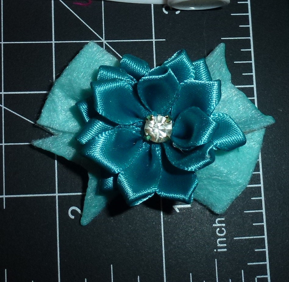 Puppy Dog Bows teal satin flower pet hair show bow barrettes or bands (FB188i)