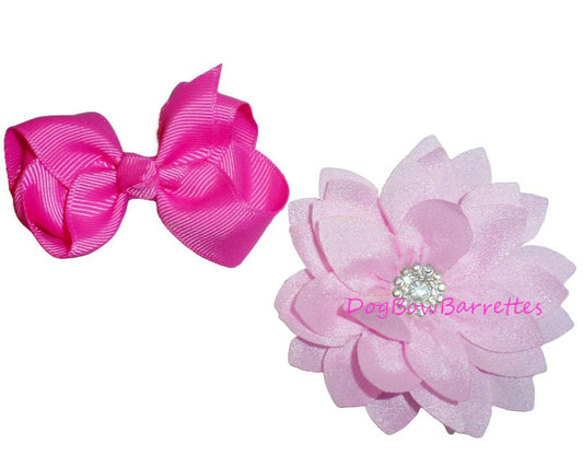 Puppy Dog Bows pink flower & boutique pet hair show bow barrettes or bands (FB188h)