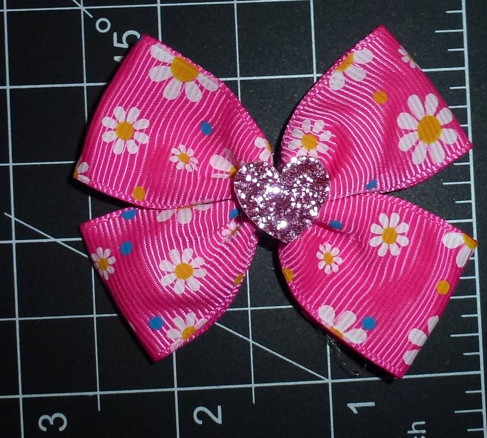 Puppy Dog Bows Pink daisy glitter heart pet hair show bow barrettes or bands (FB188F)