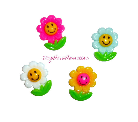 Puppy Dog Bows ~ Happy face daisy flowers plastic puppy clips pet hair bow barrettes or bands (fb414E)