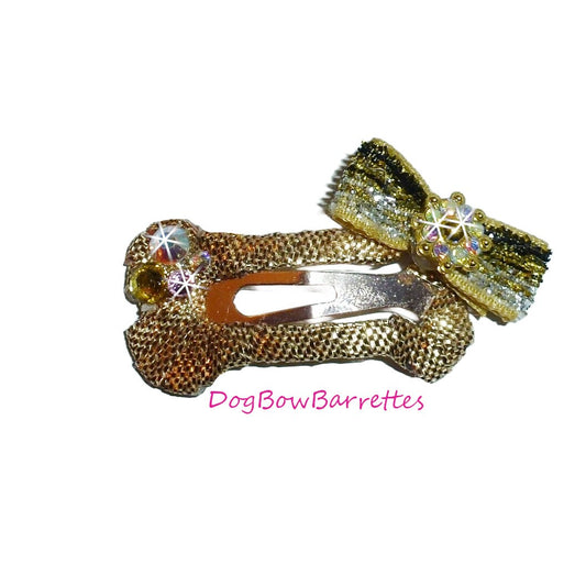 Dog hair bows metallic gold dog bone  snap clip with rhinestones (fb205)