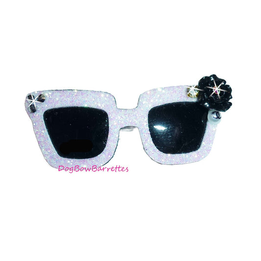 Puppy bows specialty boutique white glitter rhinestone sunglasses pet bow hair clip (FB197)