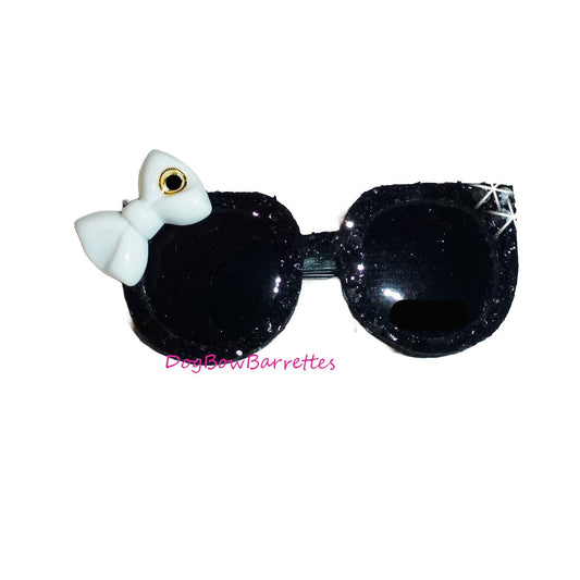 Puppy bows specialty boutique black glitter rhinestone sunglasses pet bow hair clip (FB196)