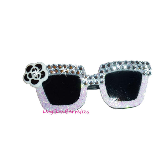 Puppy bows specialty white crystal rhinestone sunglasses pet bow hair clip (FB185)