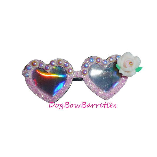 Puppy bows specialty pink glitter and pearls sunglasses pet bow hair clip (FB155)