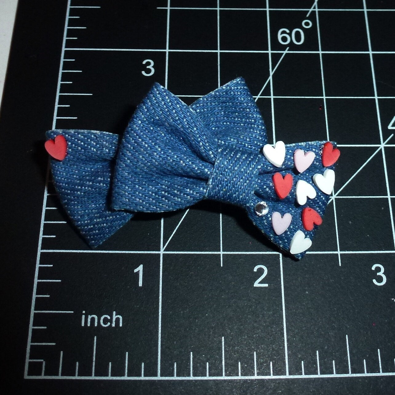 Puppy bows specialty double denim blue pet hair bow with tiny hearts barrette (fb107)