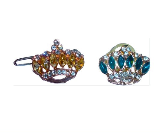 Dog Bows ~ Crown gold or  blue Wee super tiny bow less than 1" pet hair barrette clip (fb411C)