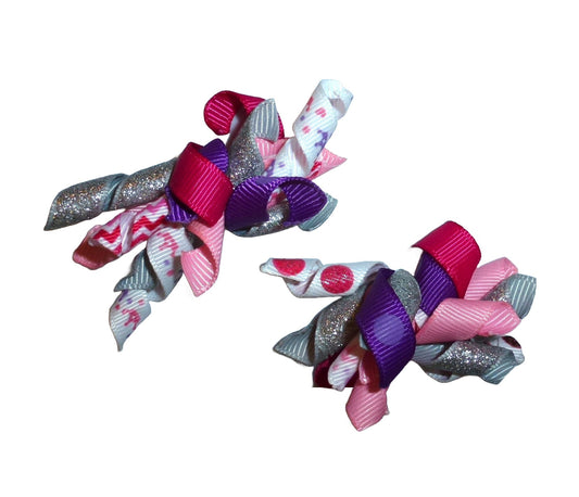 Puppy Bows ~  Pink purple silver curlies 2 pcs hair bows   barrette or bands pet dog bow (kobx)