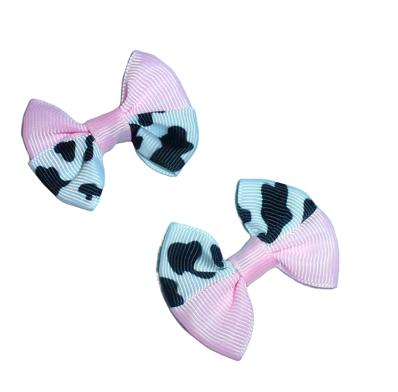 Puppy Bows ~  Pink/white cow print PAIR hair bows   barrette or bands pet dog bow (fb163F)