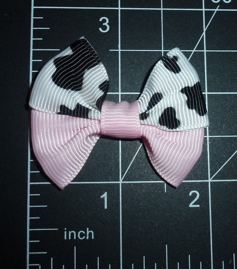 Puppy Bows ~  Pink/white cow print PAIR hair bows   barrette or bands pet dog bow (fb163F)