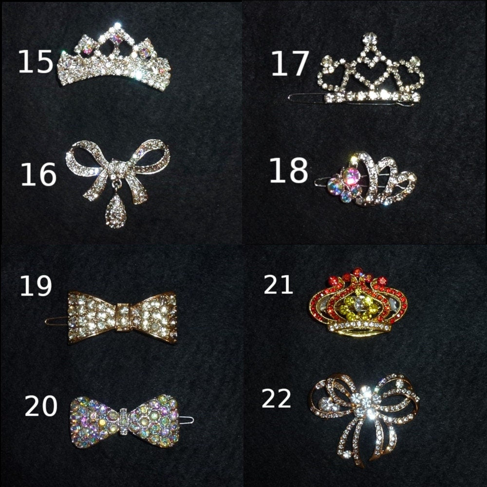 Puppy Bows ~ Rhinestone TIARA multi styles dog hair barrette clip CRYSTAL styles 15-22 ~USA seller