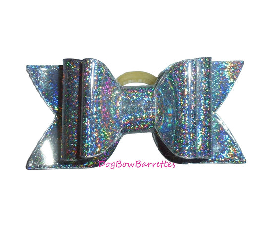 Silver multi patent leather glitter bows dog barrette or bands  pet hair bow  - (gl38)