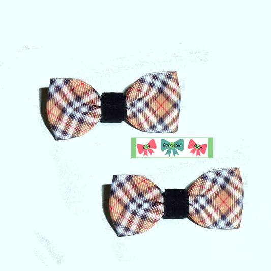 Puppy Dog Bows ~ Black tan white plaid TWO pet hair bow barrettes or bands (fb45)