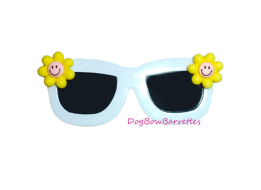 Puppy Bows ~ White yellow smiley face glasses Dog bow  sunglasses  pet hair barrette clip