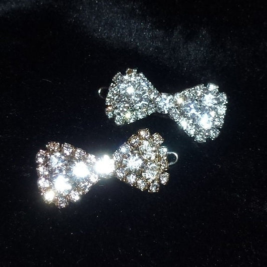 Puppy Bows TINY Sparkling crystal silver or gold bow rhinestone pet hair bowknot barrette 1" (rb101)