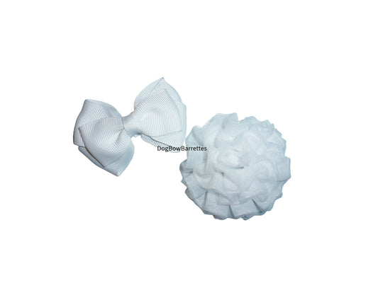 Dog Bow Barrettes white pet hair bows with ruffled flower (FB558)