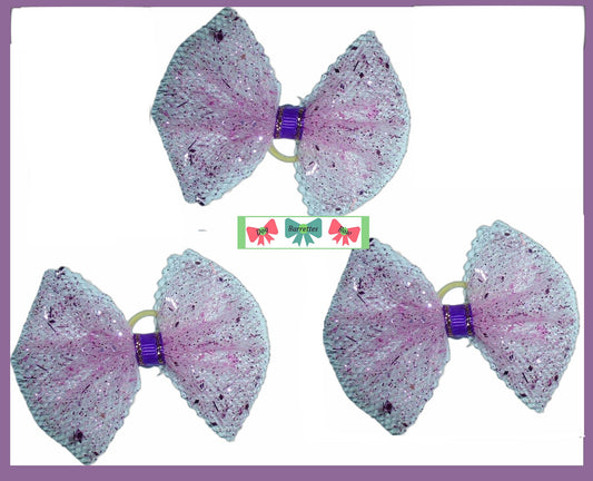 Puppy Bows ~  Purple glitter x 3 tulle  pet hair bow small bands or clip (fb136f)