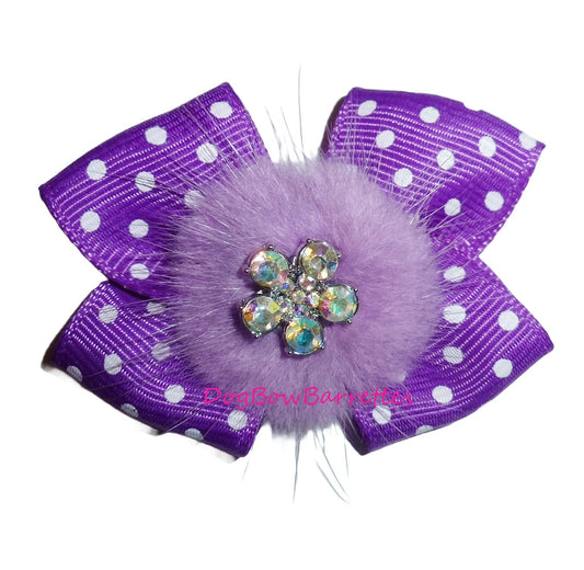 Dog Bow Barrettes purple dots fur puff rhinestone flower pet hair grooming bows (FB19)