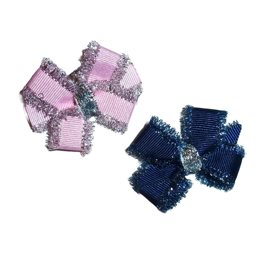 Dog Bow Barrettes Navy blue or pink fringe edge tinsel  pet hair grooming bows (FB198d)