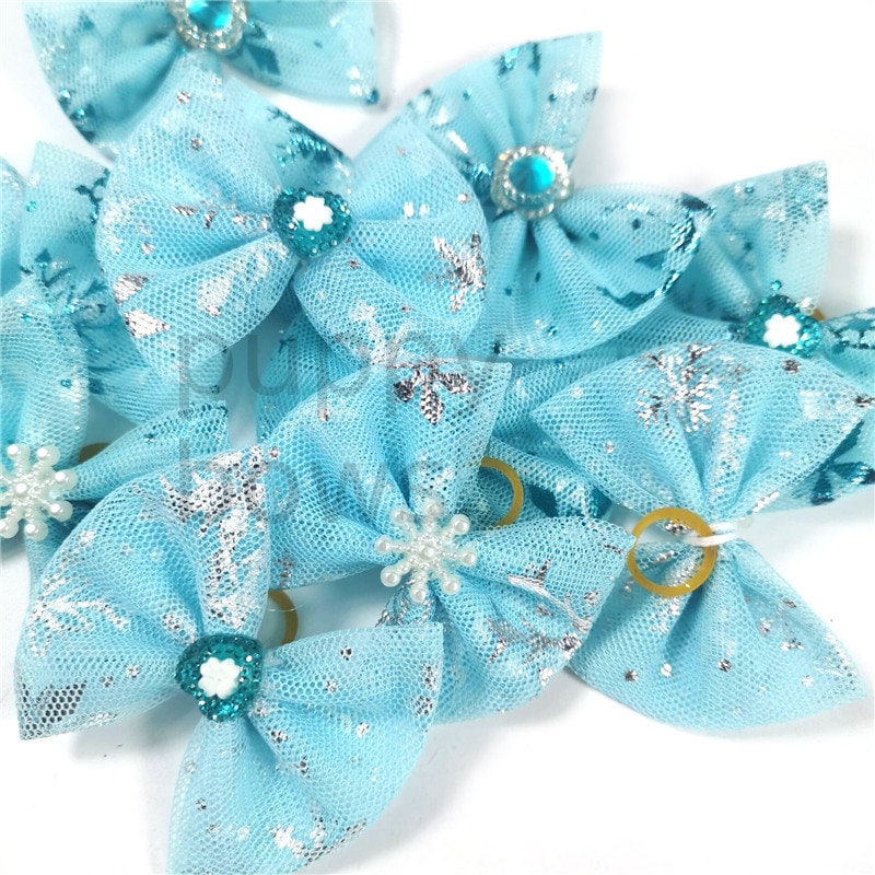 Winter New year's tulle blue snowflake everyday dog groomers grooming pet hair bows