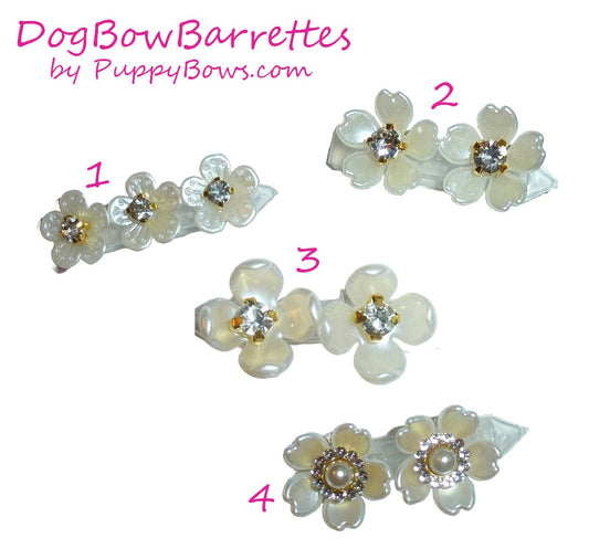 Puppy bows small mother of pearl 1" rhinestone flower petals  pet hair barrette clip (fb459A)