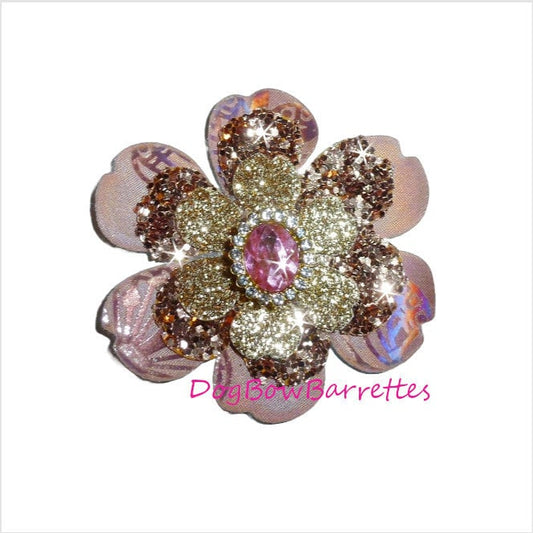 Dog pet hair grooming bow Rose gold glitter layered flower center jewel band or barrette clip (FB1G)