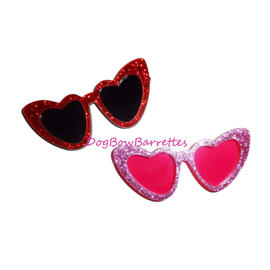 Puppy Bows ~ Red or pink glitter movie star glasses Dog bow aviator sunglasses  pet hair barrette clip