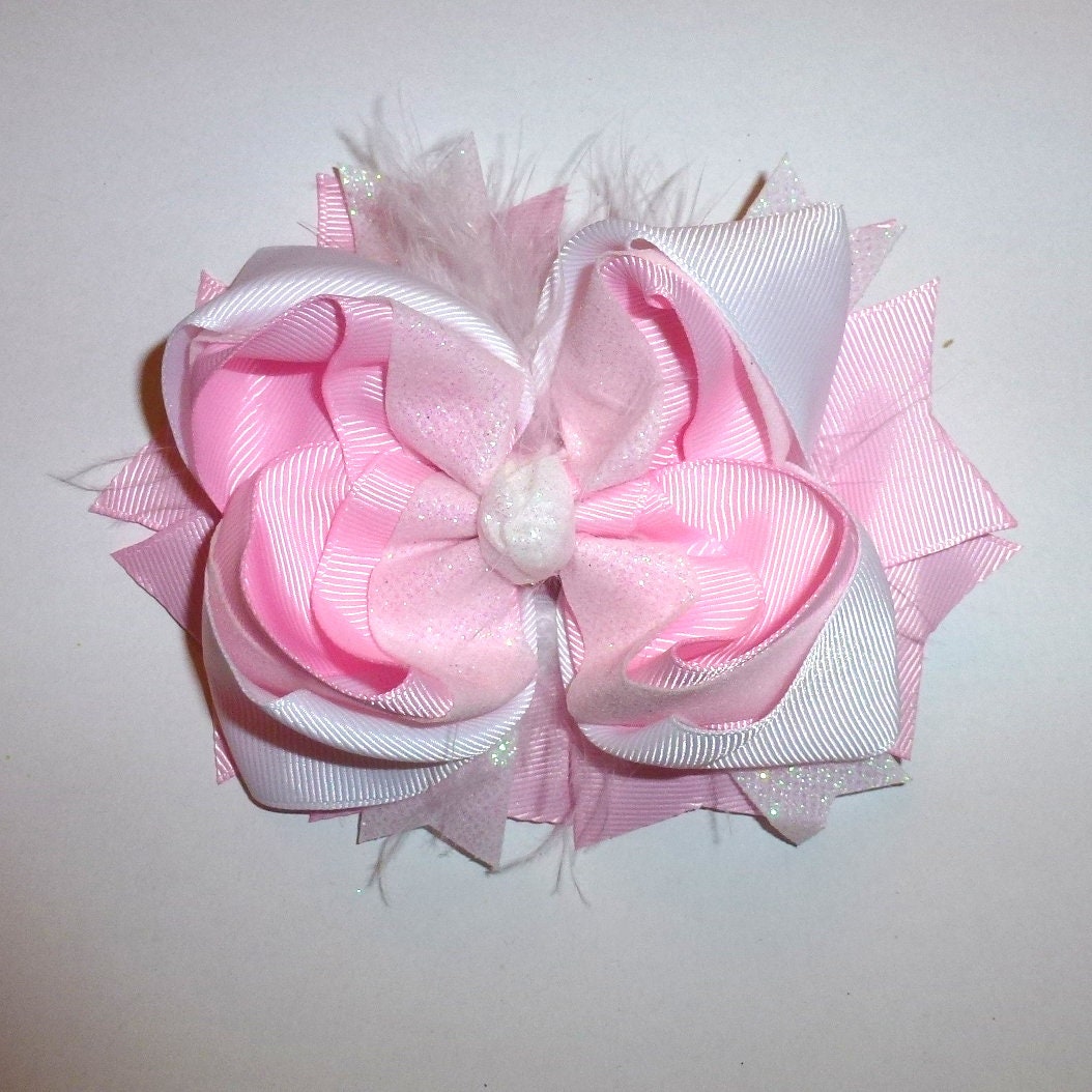 Puppy Bows ~  Pink white feather glitter bow 5" big  bowknot bow bands or barrette or collar slide  (DC45)