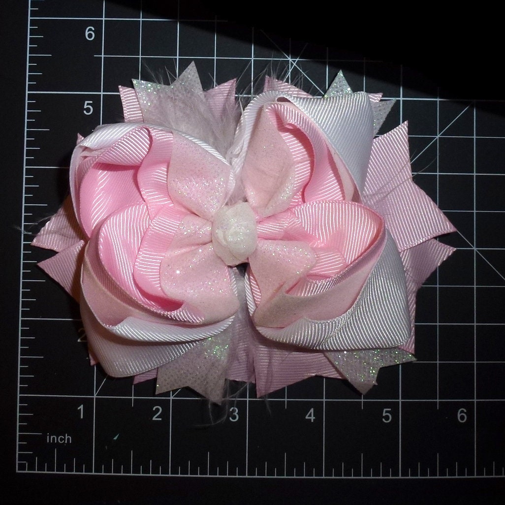 Puppy Bows ~  Pink white feather glitter bow 5" big  bowknot bow bands or barrette or collar slide  (DC45)