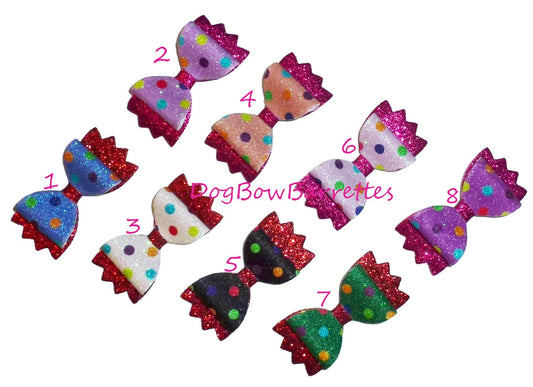 Dog Bow Barrettes multicolor glitter dots pet hair grooming bows (glbx)