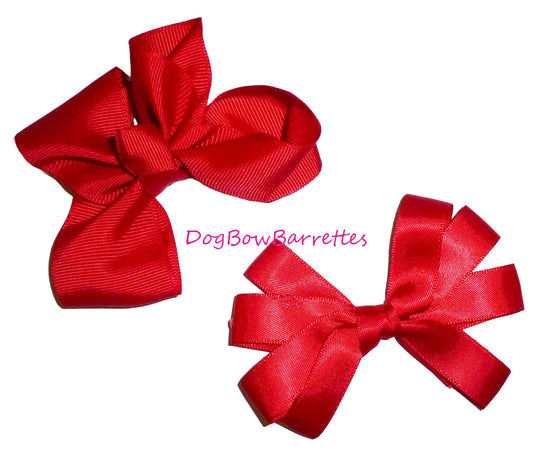 Dog Bow Barrettes Two red 4" loop pet hair grooming bows or dog collar slide accessory (FB652)