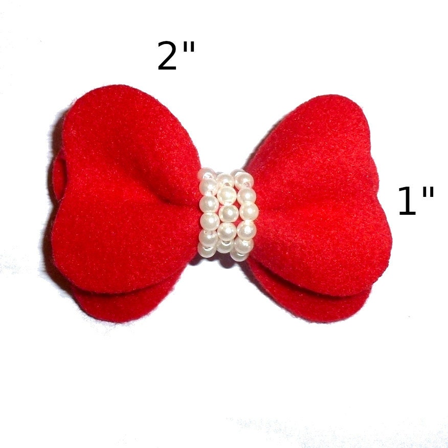 Puppy Dog Bows ~ Red velvet and pearls pet hair bow barrettes  (fb35)