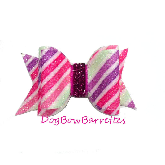 Dog hair bows pet grooming bow Pink glitter stripes band or barrette clip (448B)