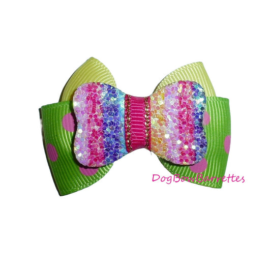 Dog bows Rainbow glitter pet hair bow barrettes or bands (fb100B)