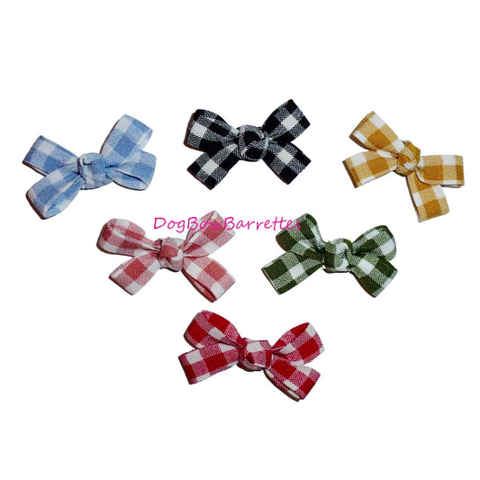 Knot Dog Bows ~ Gingham check criss cross shape pet hair bow barrettes or bands (fb50A)