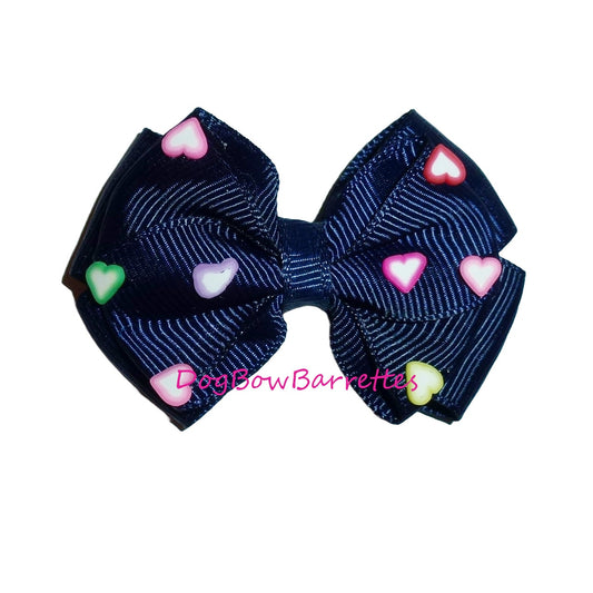 Puppy Bows ~ Navy blue color hearts pet dog hair bow barrette, collar slide accessory or latex bands (FB438A)