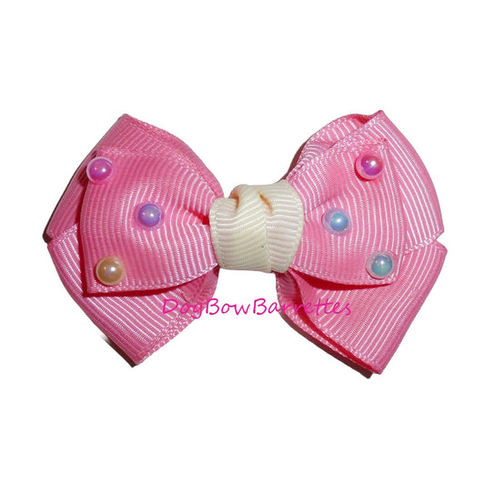 Puppy Bows ~ Pink pleated center AB pearls pet dog hair bow barrette, collar slide accessory or latex bands (FB438A)