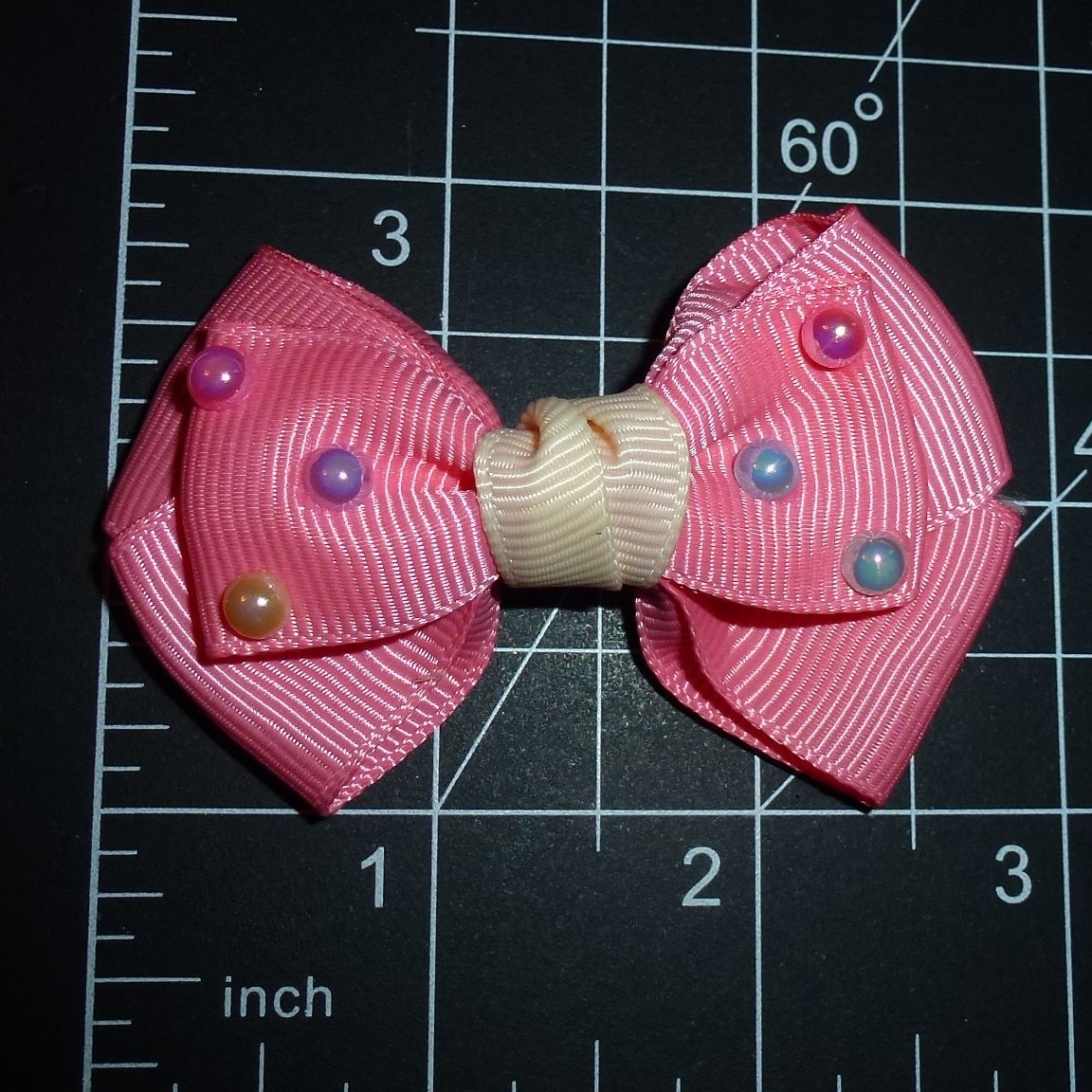 Puppy Bows ~ Pink pleated center AB pearls pet dog hair bow barrette, collar slide accessory or latex bands (FB438A)