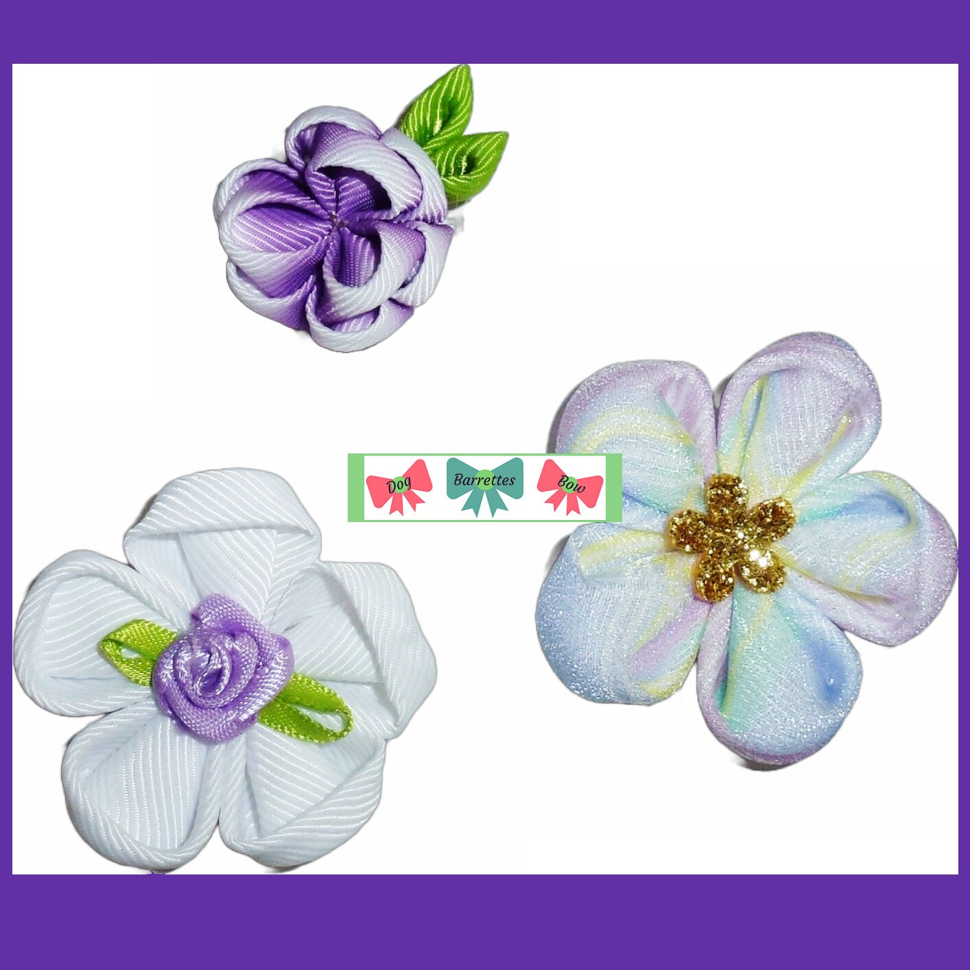 Puppy bows 3 purple white flower pet hair bow barrettes or bands (fb452D)