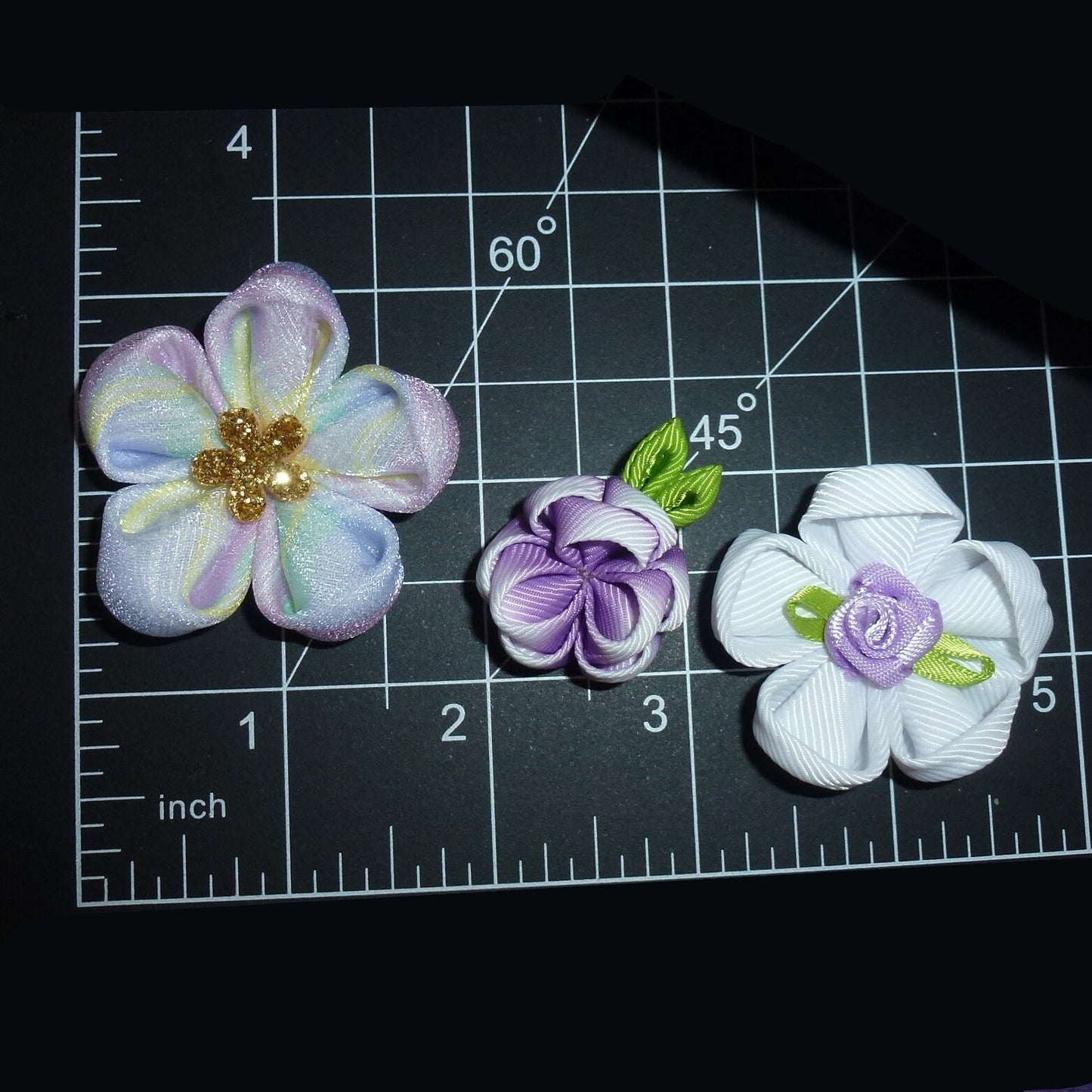 Puppy bows 3 purple white flower pet hair bow barrettes or bands (fb452D)