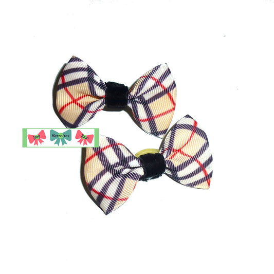 Puppy Dog Bows ~ Black tan white diagonal plaid TWO pet hair bow barrettes or bands (fb45)