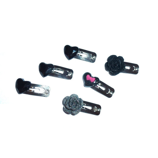 Puppy Bows set of 6 goth jewel snap clips with TINY 20mm 3/4" black hearts (fb145a)