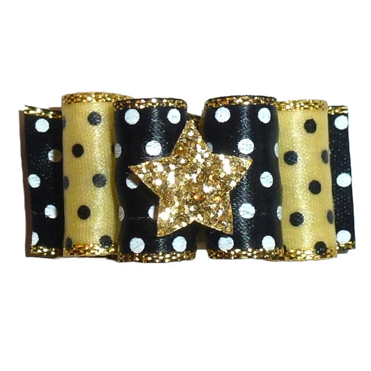 Puppy Bows ~ Gold black dot stiffened show pet hair bow latex bands or barrette  (fb416G)